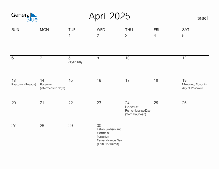 Printable April 2025 Calendar for Israel