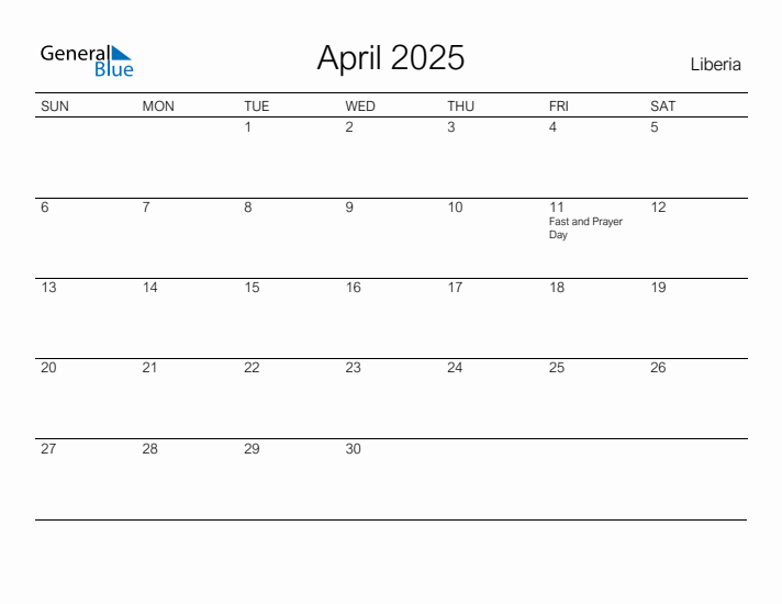 Printable April 2025 Calendar for Liberia
