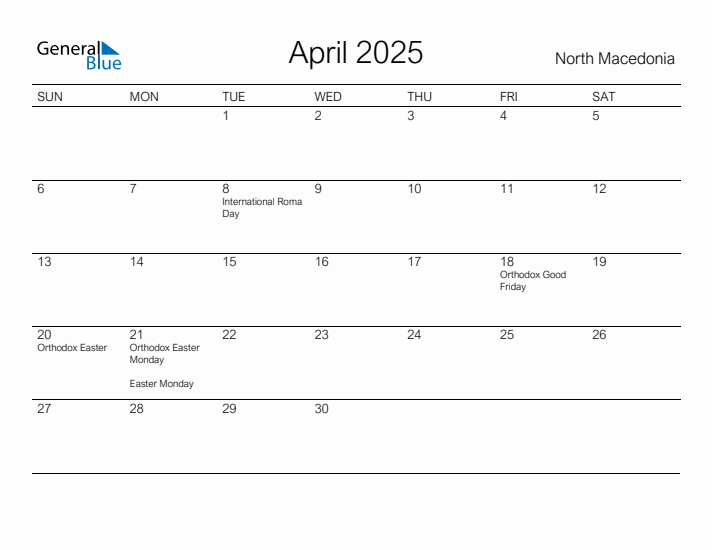 Printable April 2025 Calendar for North Macedonia