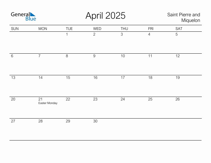 Printable April 2025 Calendar for Saint Pierre and Miquelon