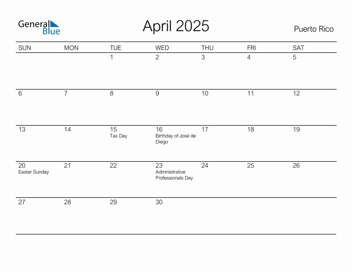 Printable April 2025 Calendar for Puerto Rico