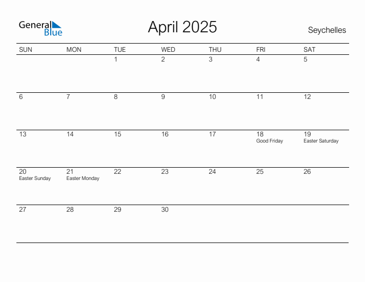 Printable April 2025 Calendar for Seychelles