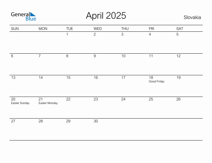 Printable April 2025 Calendar for Slovakia