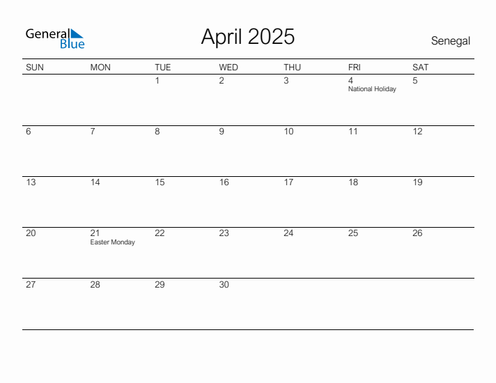 Printable April 2025 Calendar for Senegal