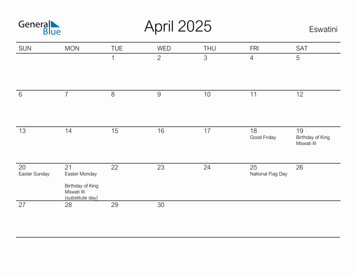 Printable April 2025 Calendar for Eswatini