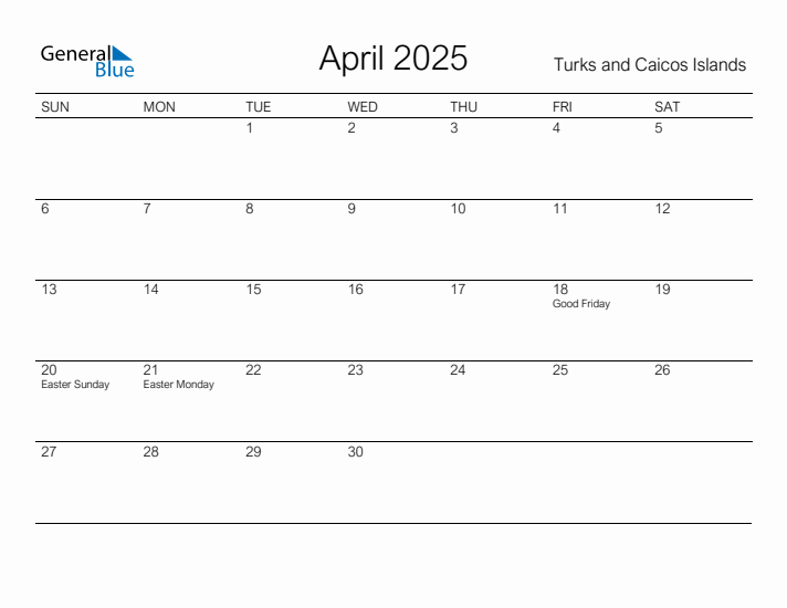 Printable April 2025 Calendar for Turks and Caicos Islands