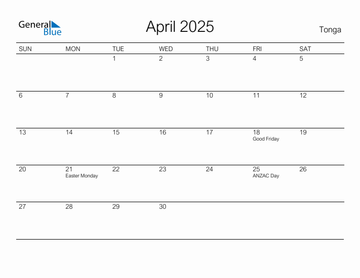 Printable April 2025 Calendar for Tonga