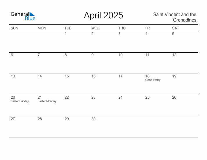 Printable April 2025 Calendar for Saint Vincent and the Grenadines