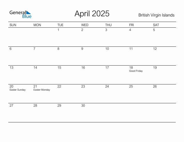 Printable April 2025 Calendar for British Virgin Islands