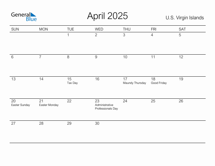 Printable April 2025 Calendar for U.S. Virgin Islands