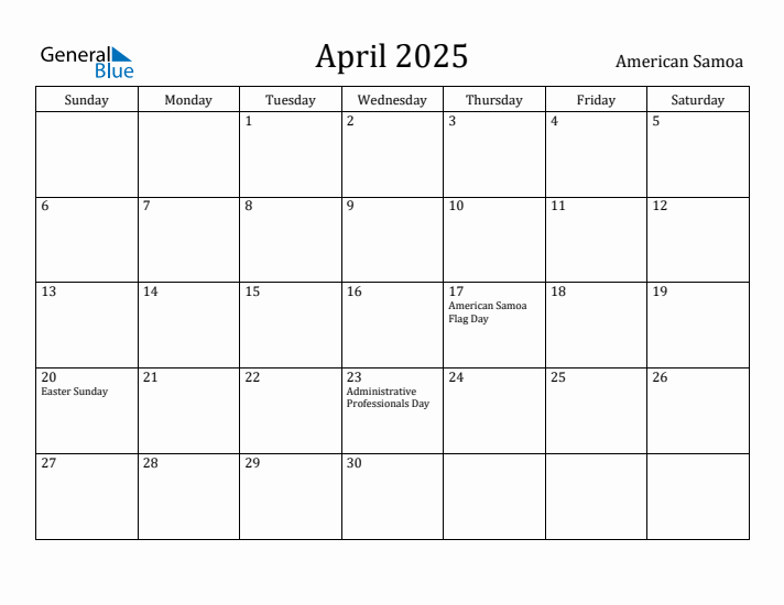 April 2025 Calendar American Samoa