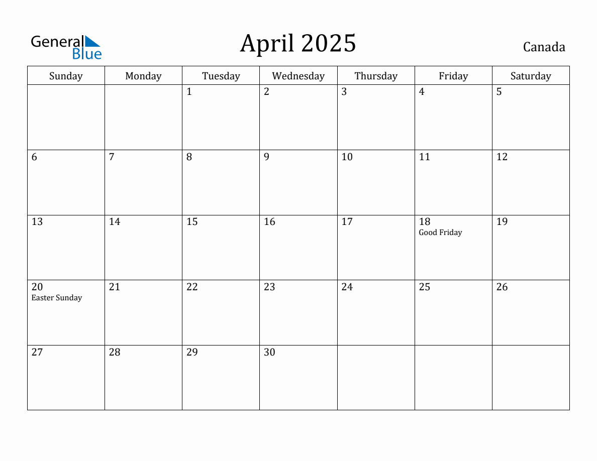 April 2025 monthly calendar with holidays in Canada
