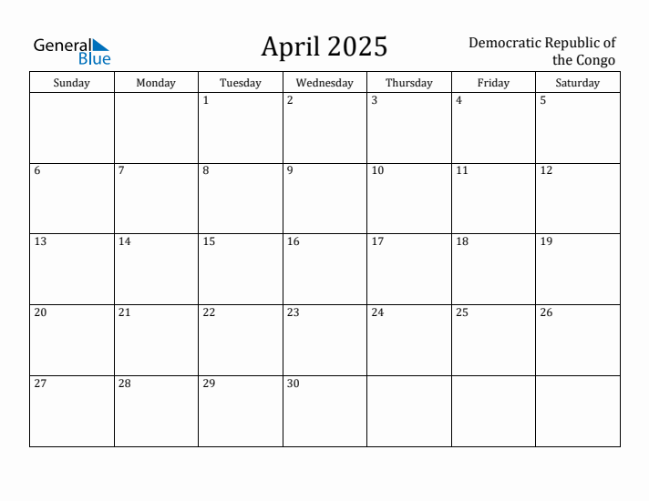 April 2025 Calendar Democratic Republic of the Congo