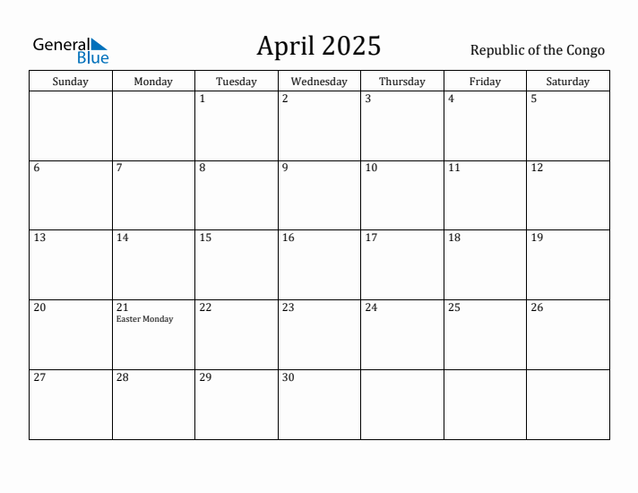 April 2025 Calendar Republic of the Congo