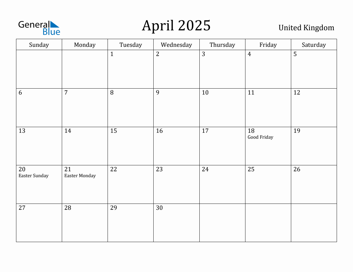 April 2025 monthly calendar with holidays in United Kingdom
