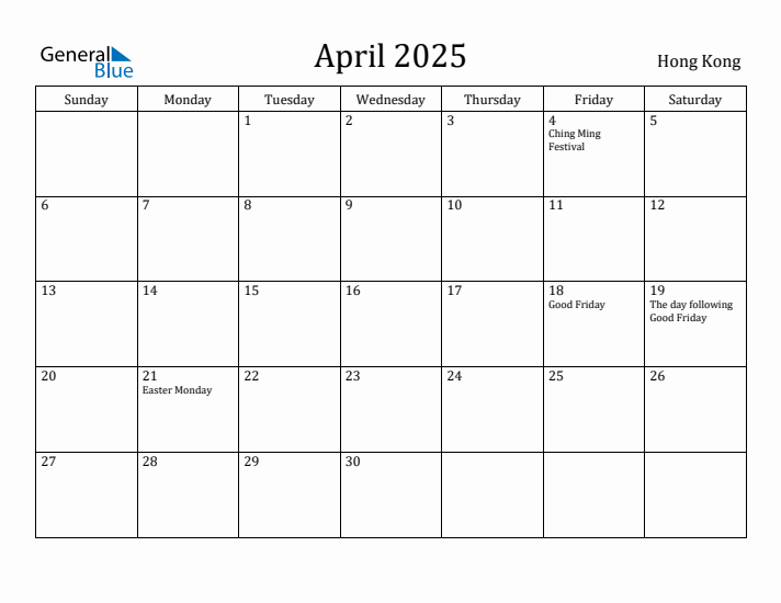 April 2025 Calendar Hong Kong