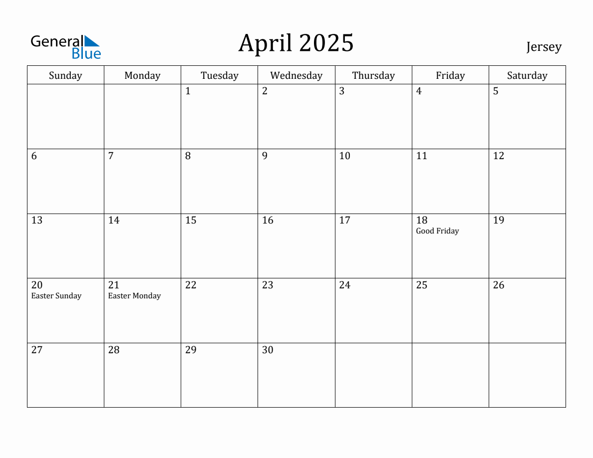 April 2025 Monthly Calendar with Jersey Holidays