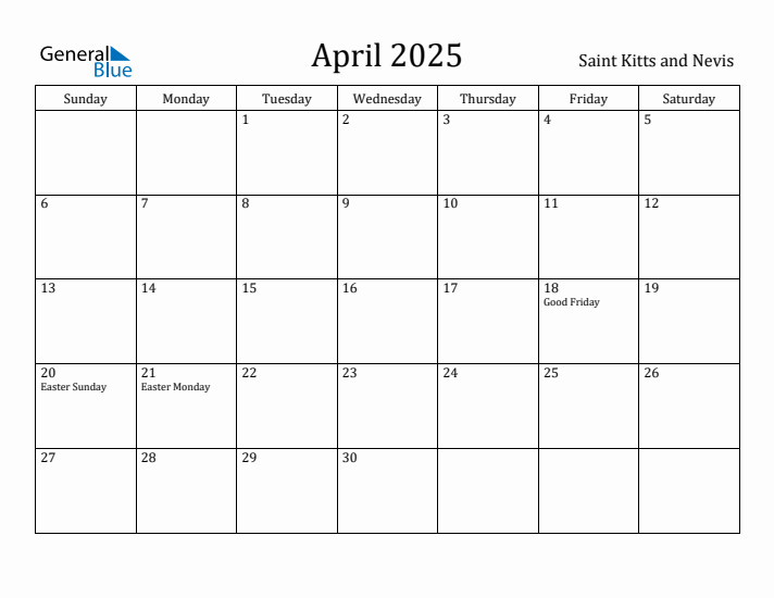 April 2025 Calendar Saint Kitts and Nevis