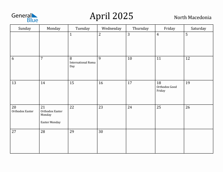 April 2025 Calendar North Macedonia