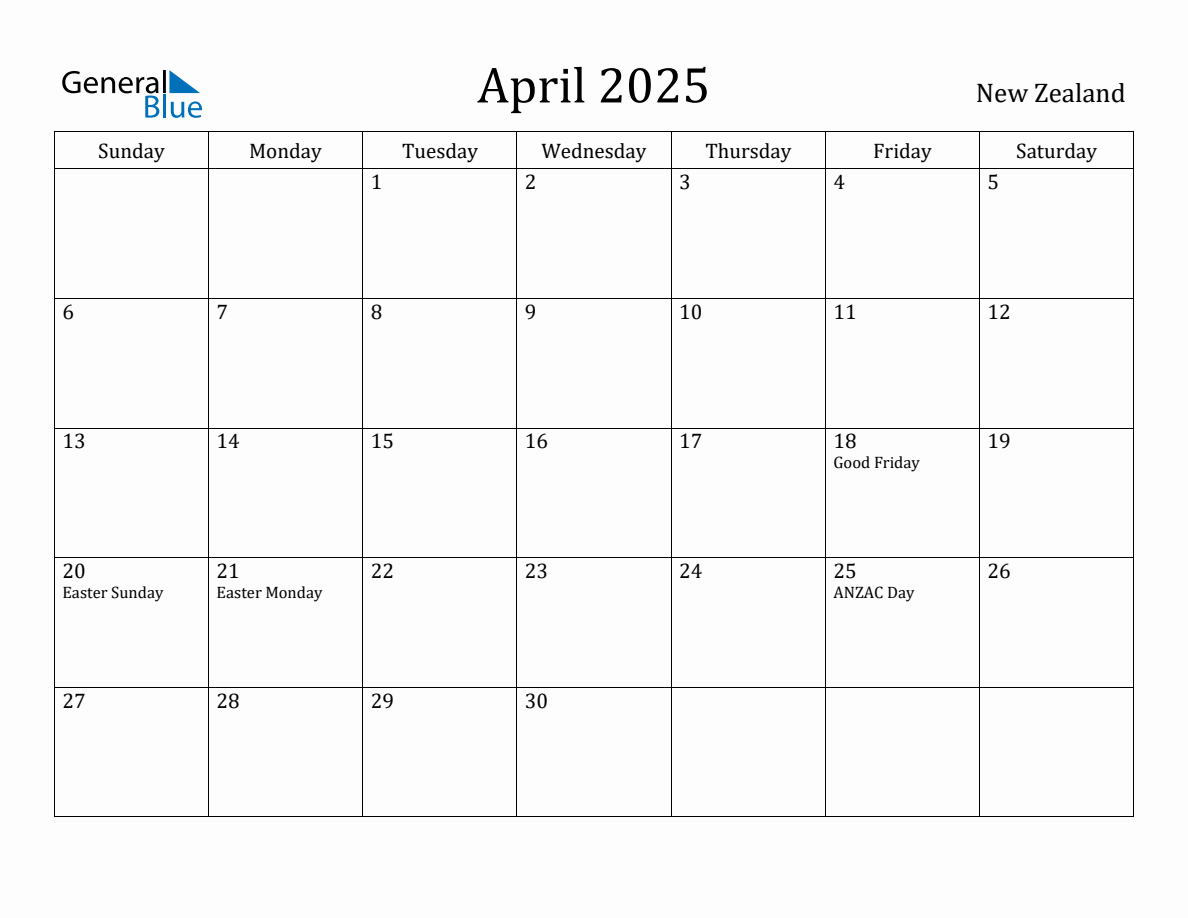 April 2025 monthly calendar with holidays in New Zealand