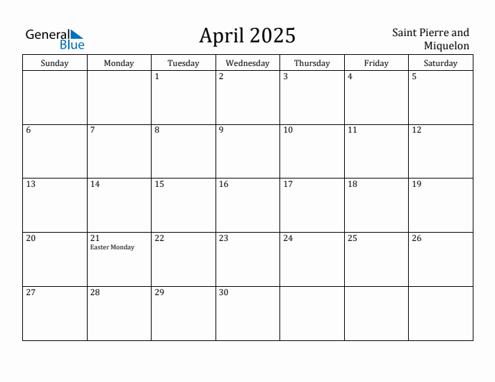 April 2025 Calendar Saint Pierre and Miquelon