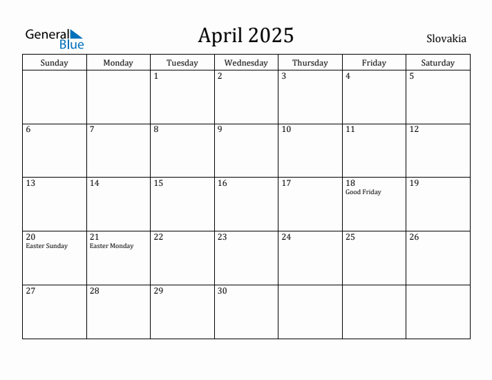 April 2025 Calendar Slovakia