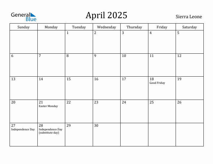 April 2025 Calendar Sierra Leone