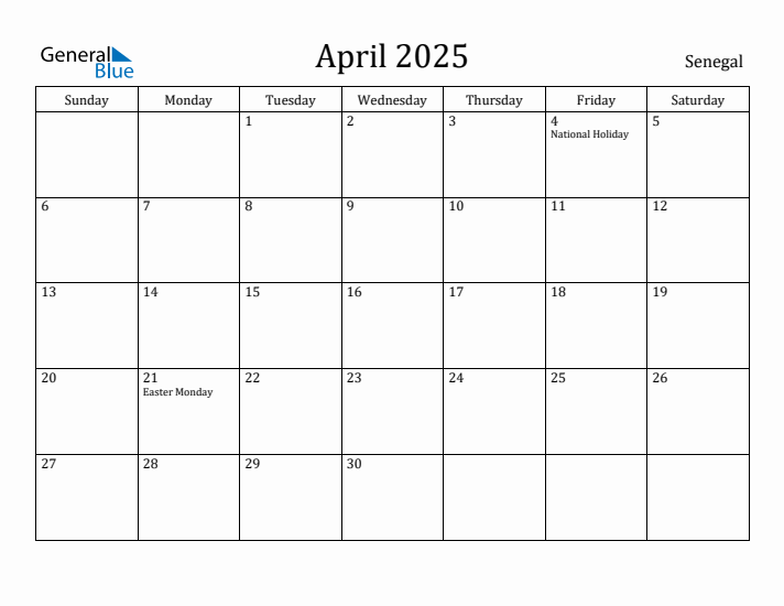 April 2025 Calendar Senegal