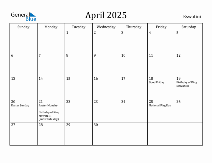 April 2025 Calendar Eswatini