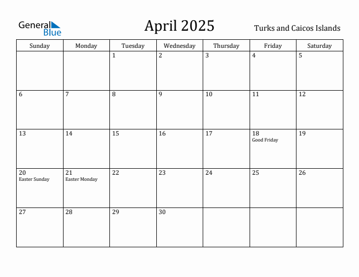 April 2025 Calendar Turks and Caicos Islands