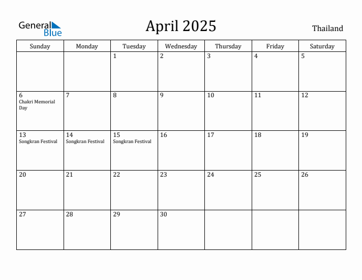 April 2025 Calendar Thailand