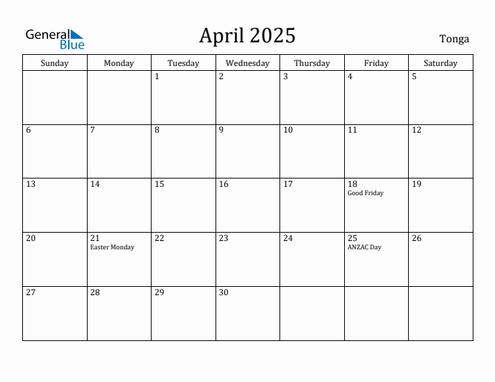 April 2025 Calendar Tonga