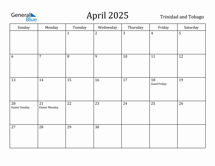 April 2025 Calendar Trinidad and Tobago