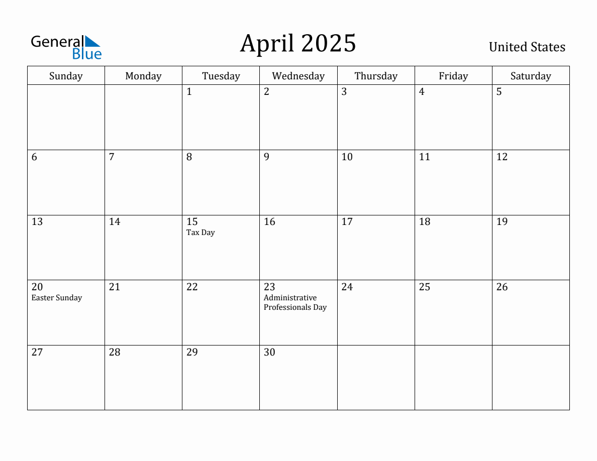 April 2025 monthly calendar with holidays in United States