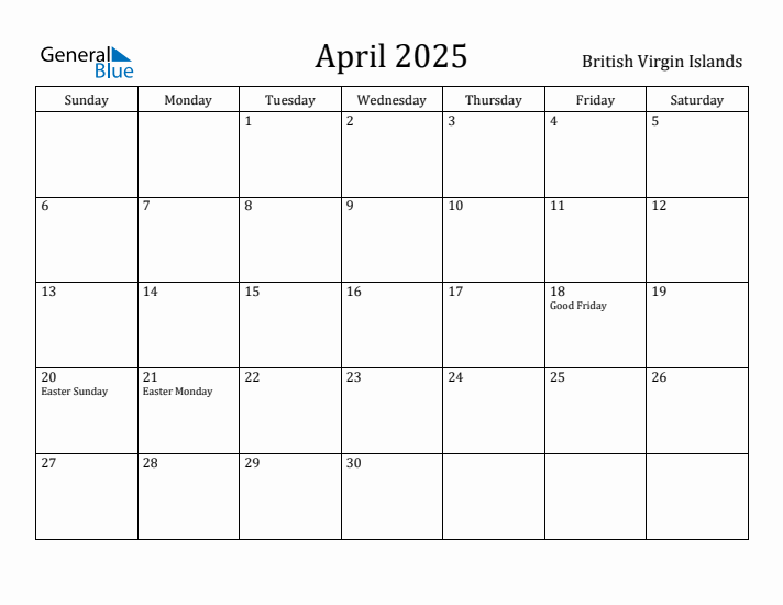 April 2025 Calendar British Virgin Islands