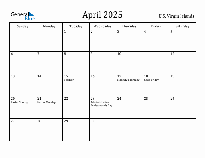April 2025 Calendar U.S. Virgin Islands