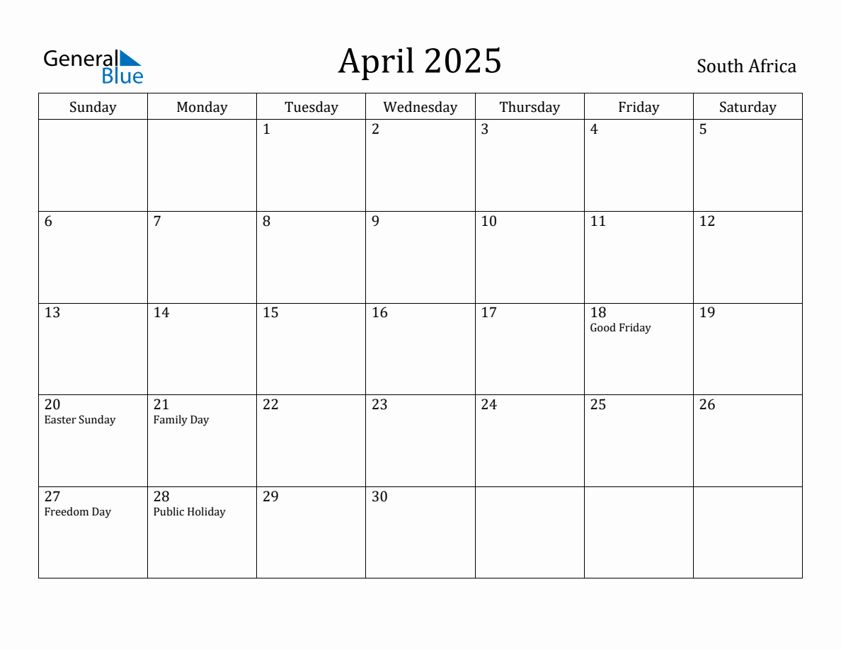 April 2025 monthly calendar with holidays in South Africa