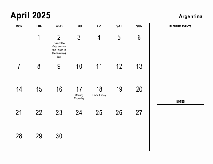 April 2025 Printable Monthly Calendar with Argentina Holidays