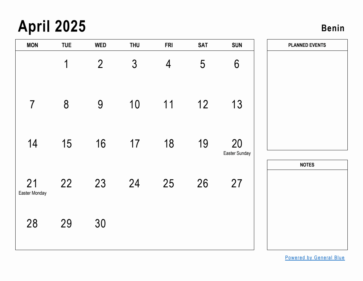 April 2025 Planner with Benin Holidays