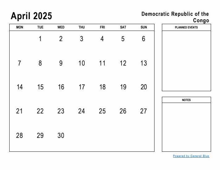 April 2025 Printable Monthly Calendar with Democratic Republic of the Congo Holidays