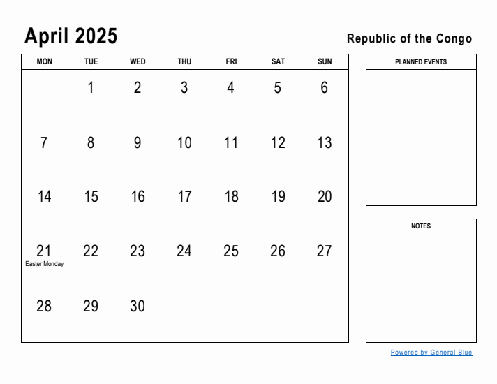 April 2025 Printable Monthly Calendar with Republic of the Congo Holidays