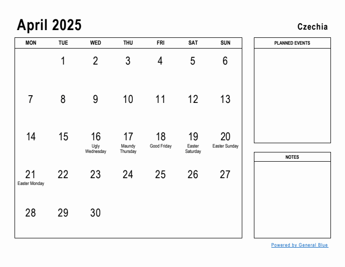 April 2025 Printable Monthly Calendar with Czechia Holidays