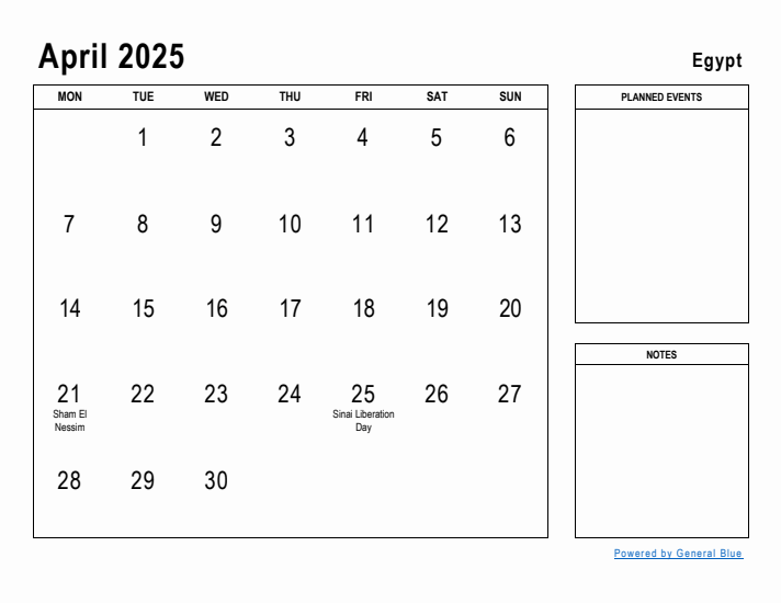 April 2025 Printable Monthly Calendar with Egypt Holidays