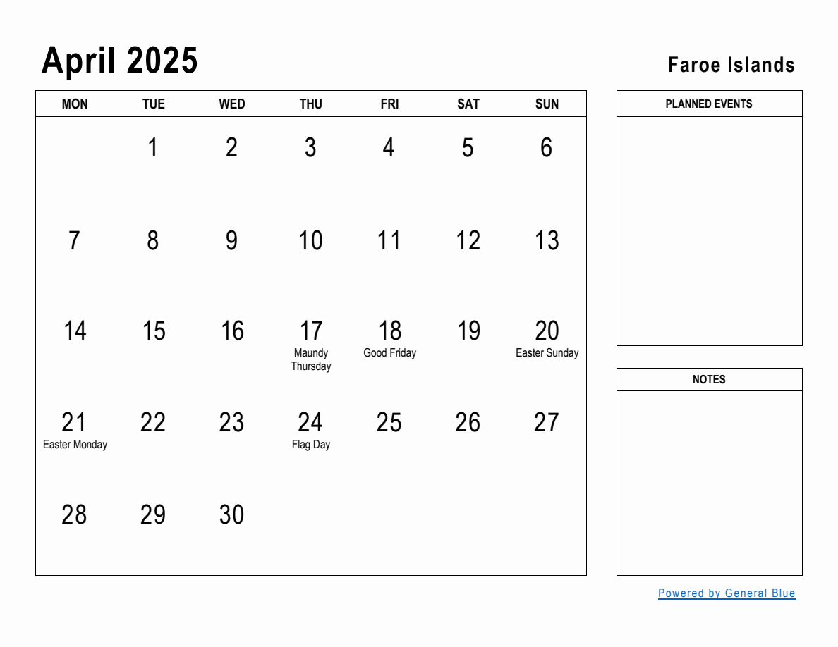 April 2025 Planner with Faroe Islands Holidays (Monday Start)