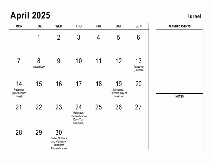 April 2025 Printable Monthly Calendar with Israel Holidays