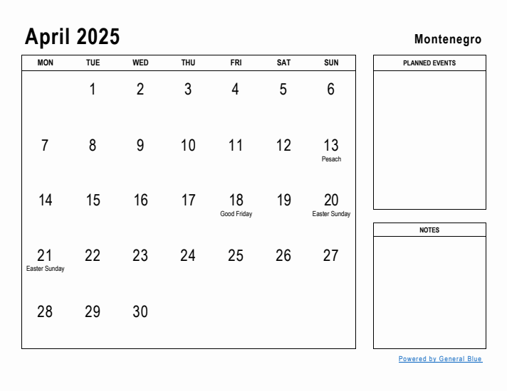 April 2025 Printable Monthly Calendar with Montenegro Holidays