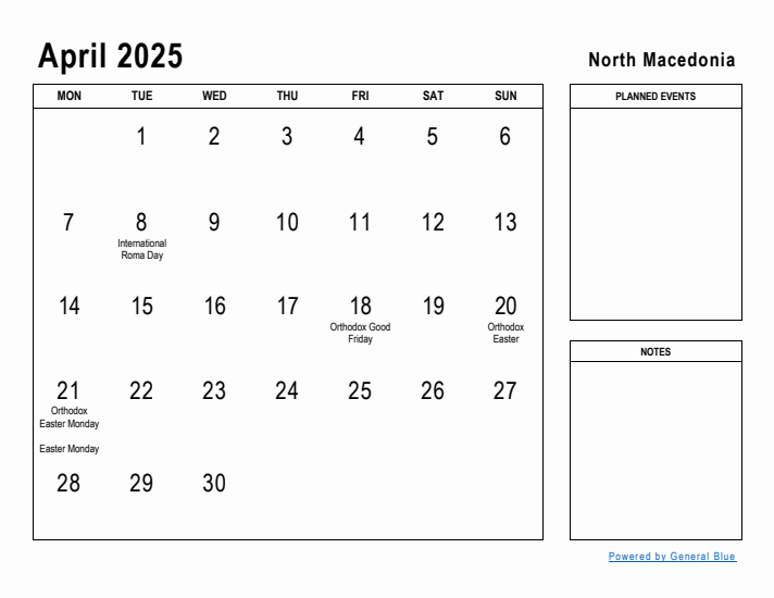 April 2025 Printable Monthly Calendar with North Macedonia Holidays