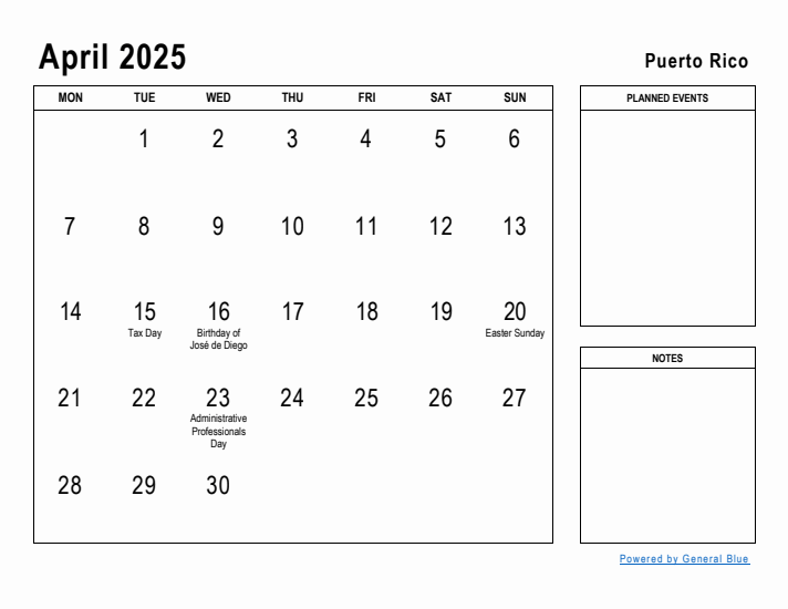 April 2025 Printable Monthly Calendar with Puerto Rico Holidays