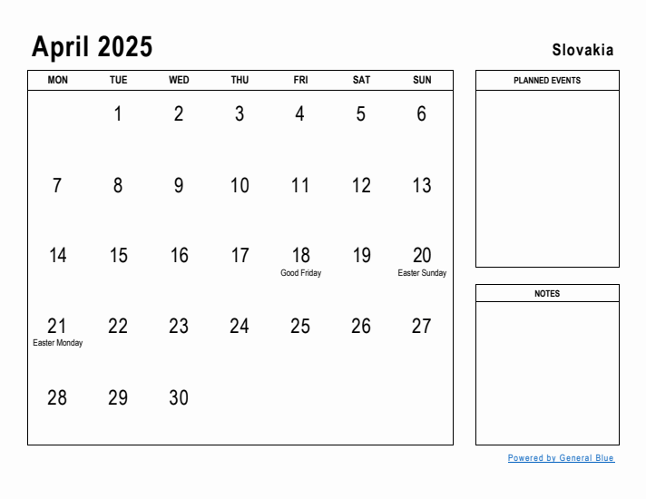 April 2025 Printable Monthly Calendar with Slovakia Holidays