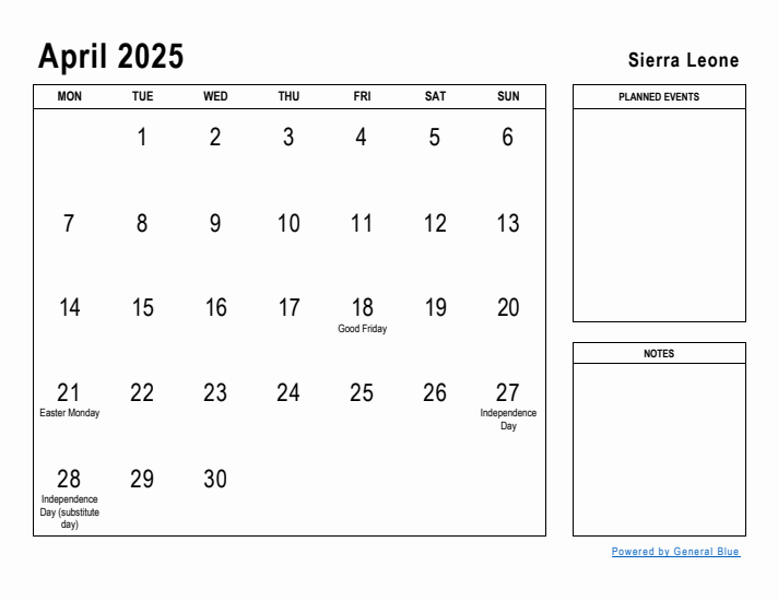 April 2025 Printable Monthly Calendar with Sierra Leone Holidays